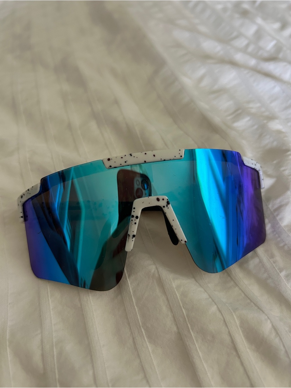 Performance Blue Mirrored Sports Sunglasses with White Speckled Trim
